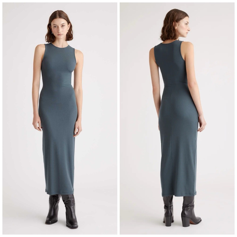 Quince M Tencel Rib Knit Tank Midi Dress Dark Olive Stretch Layering Minimalist